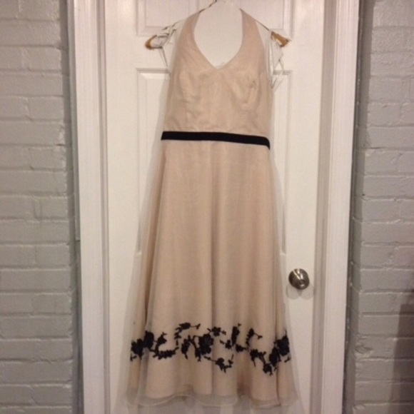 David’s Bridal Elegant Cream Halter Dress with Black Rose Detailing - Picture 2 of 8